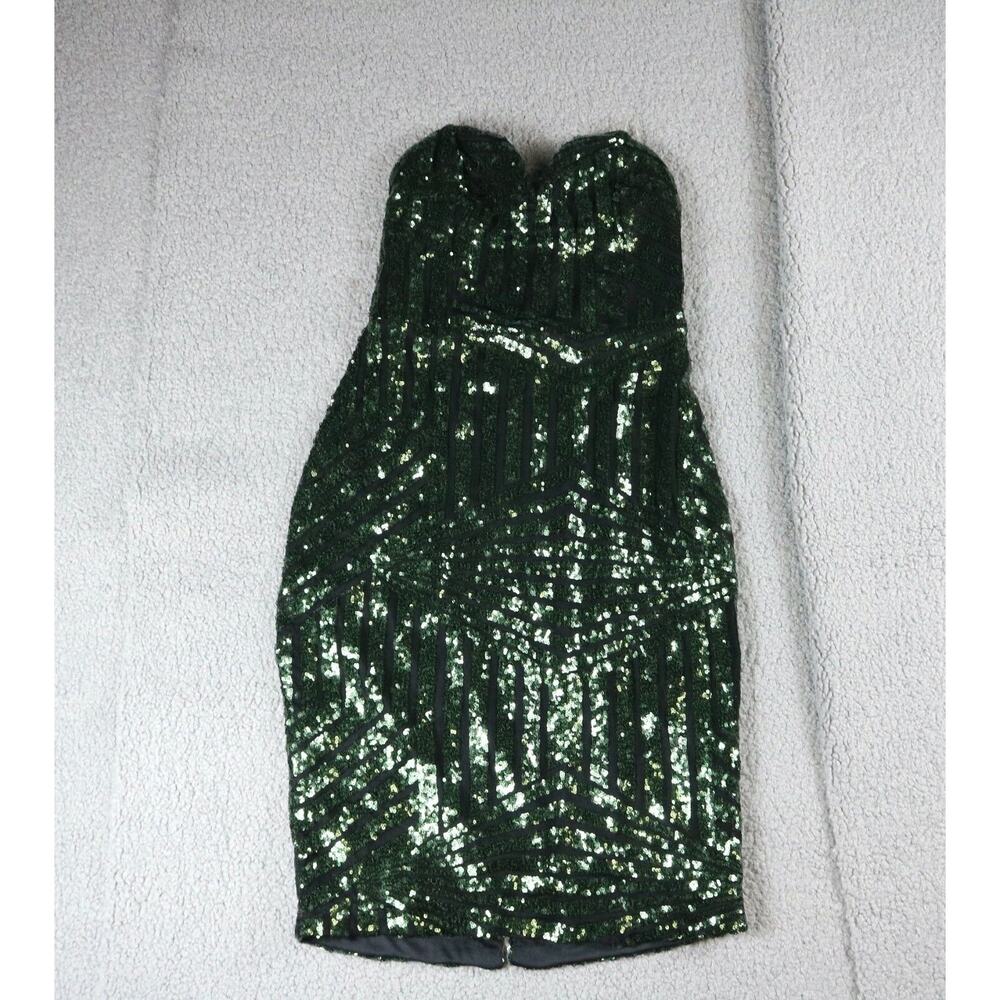 Charlotte Russe Dress M Green Sequin Sweatheart Mini Zip Up Bodycon